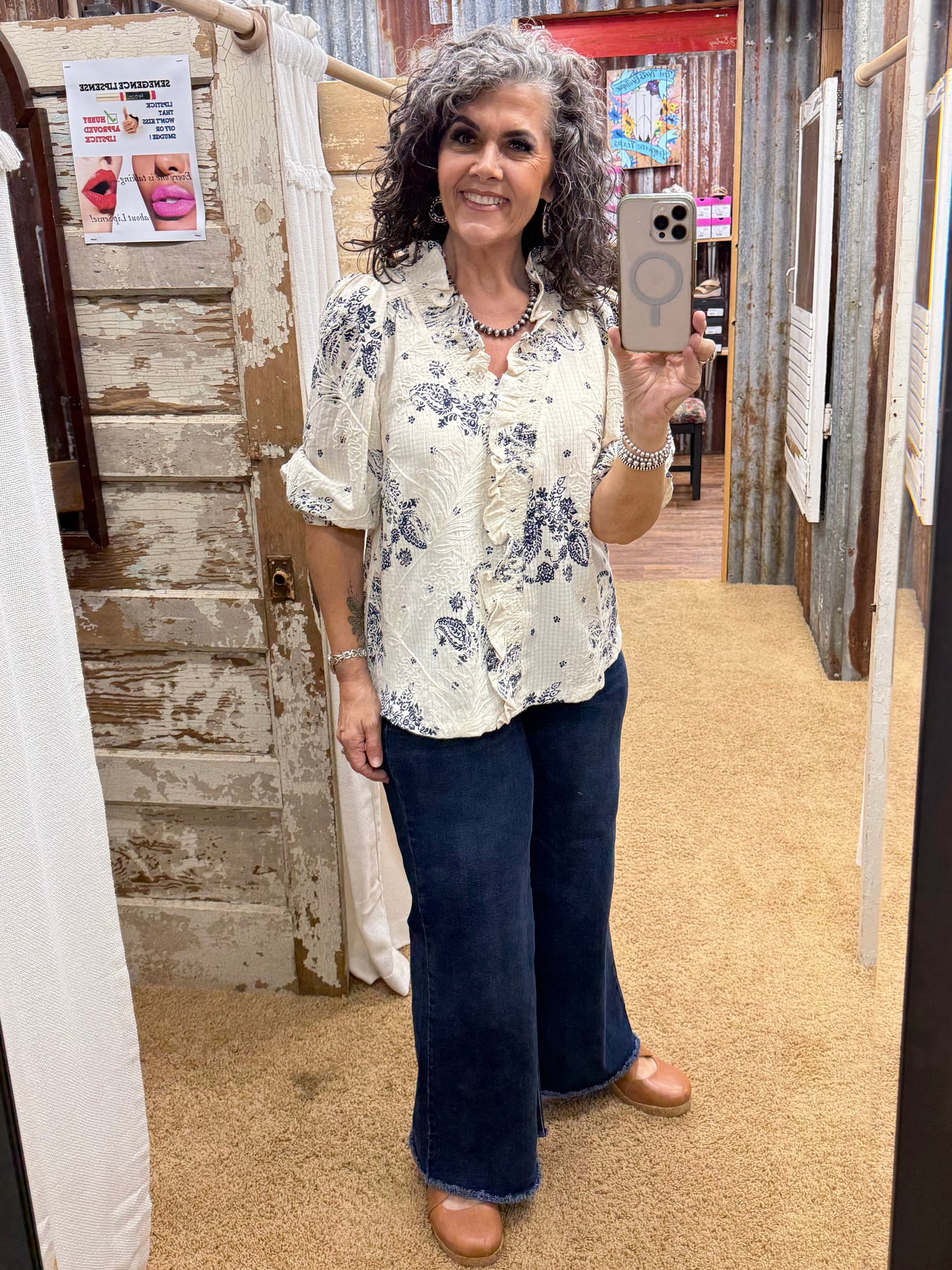 UMGEE Navy Floral Embroidered Blouse with Ruffle Trim