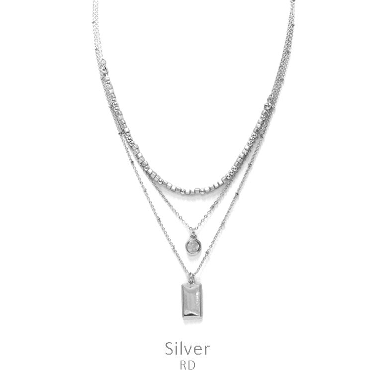Silver Geometric Pendant Layered Necklace Set