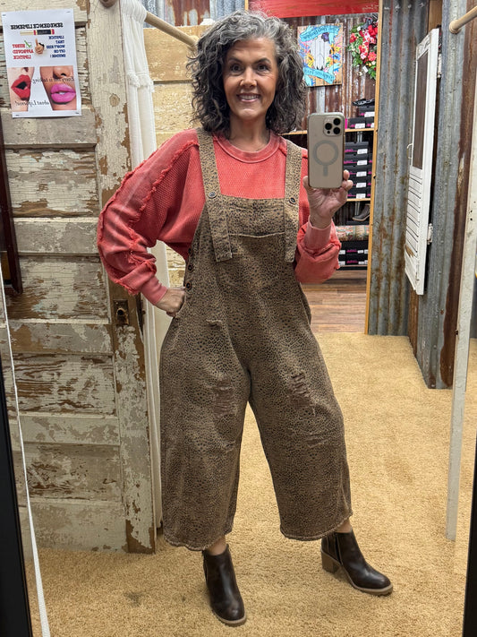 MOCHA ANIMAL PRINTED WASHED DEINIM OVERALLS