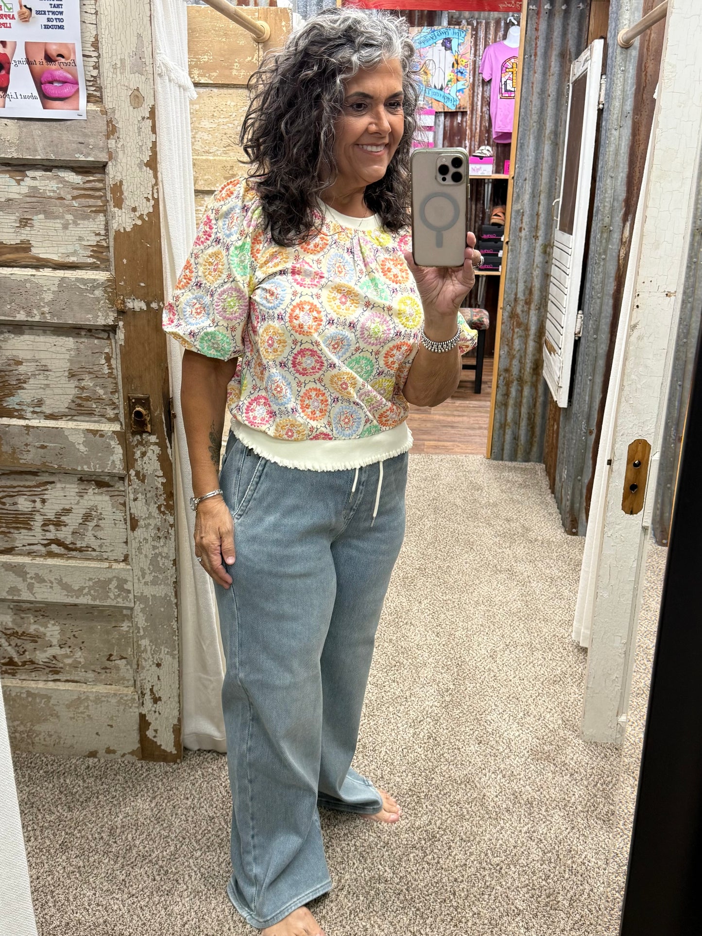 Floral Embroidered Print Bubble Sleeve Top