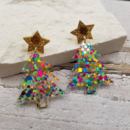 Confetti Star Christmas Tree Earrings - Clear