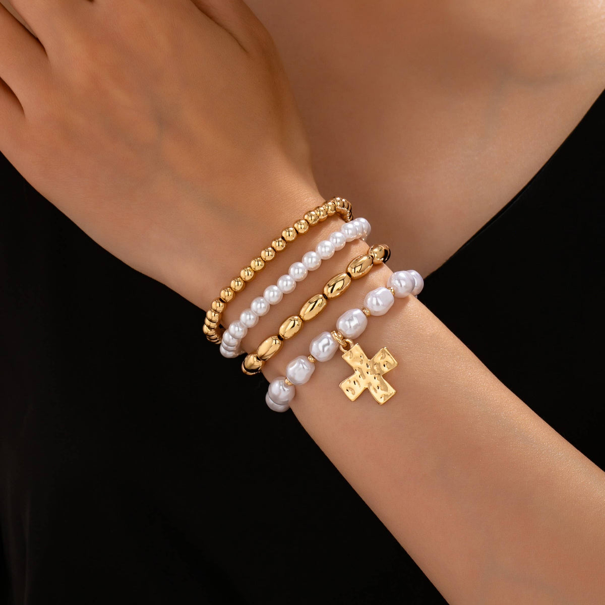 Pearl & Gold-Tone Beaded Cross Bracelet Set | 80B1910: SET
