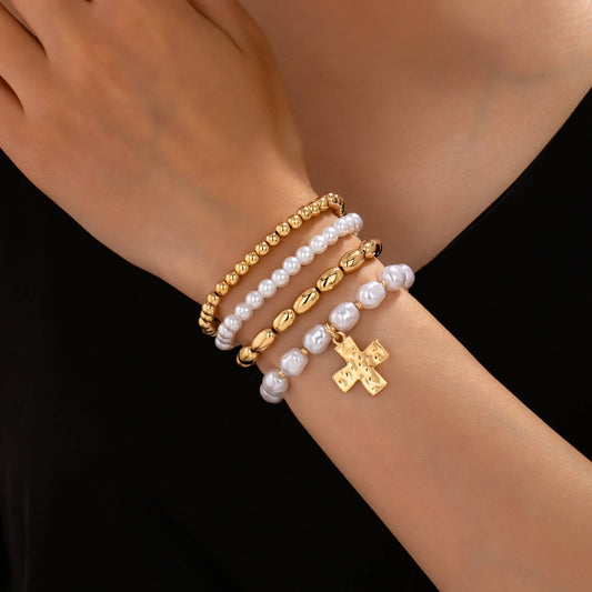 Pearl & Gold-Tone Beaded Cross Bracelet Set | 80B1910: SET