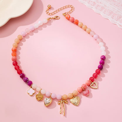 Pastel Beaded Bow Heart Flower Charm Necklace | 80N92704: GOLD