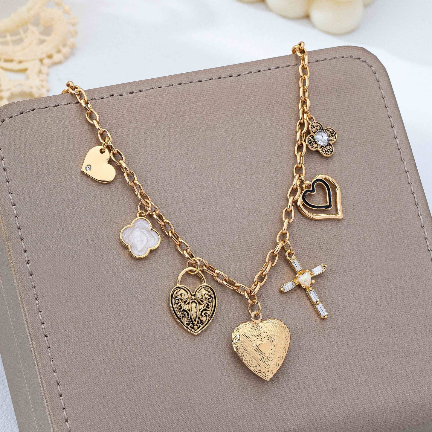 Antique Heart Locket & Cross Multi-Charm Necklace | 80N93116: Gold