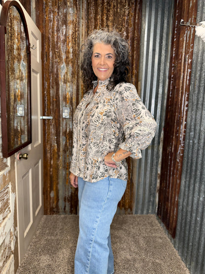 UMGEE Taupe Floral Print Lace Trim Button Front Blouse