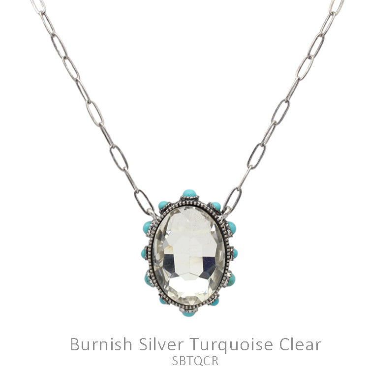 Oval Clear Glass Stone w/TQ Stone Necklace