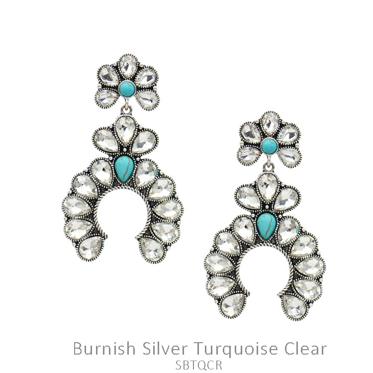 Burnish Silver Turquoise Clear Stone Earrings