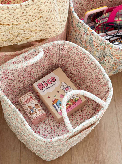 Blue Quilted Floral Laundry Basket Boho Storage Basket