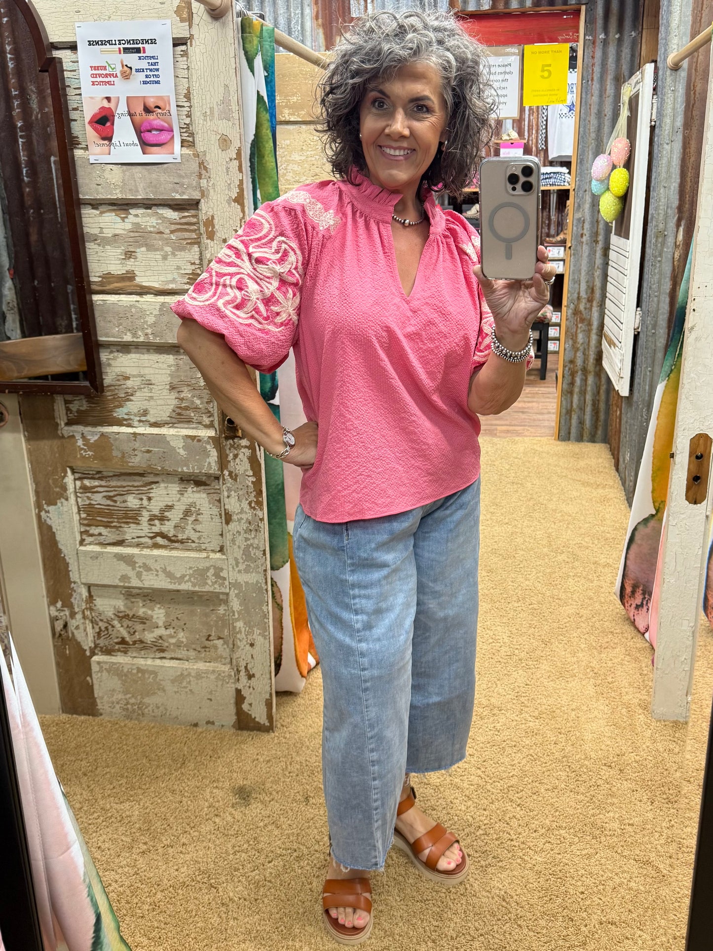 Peony Embroidered Puff Sleeve Textured Top