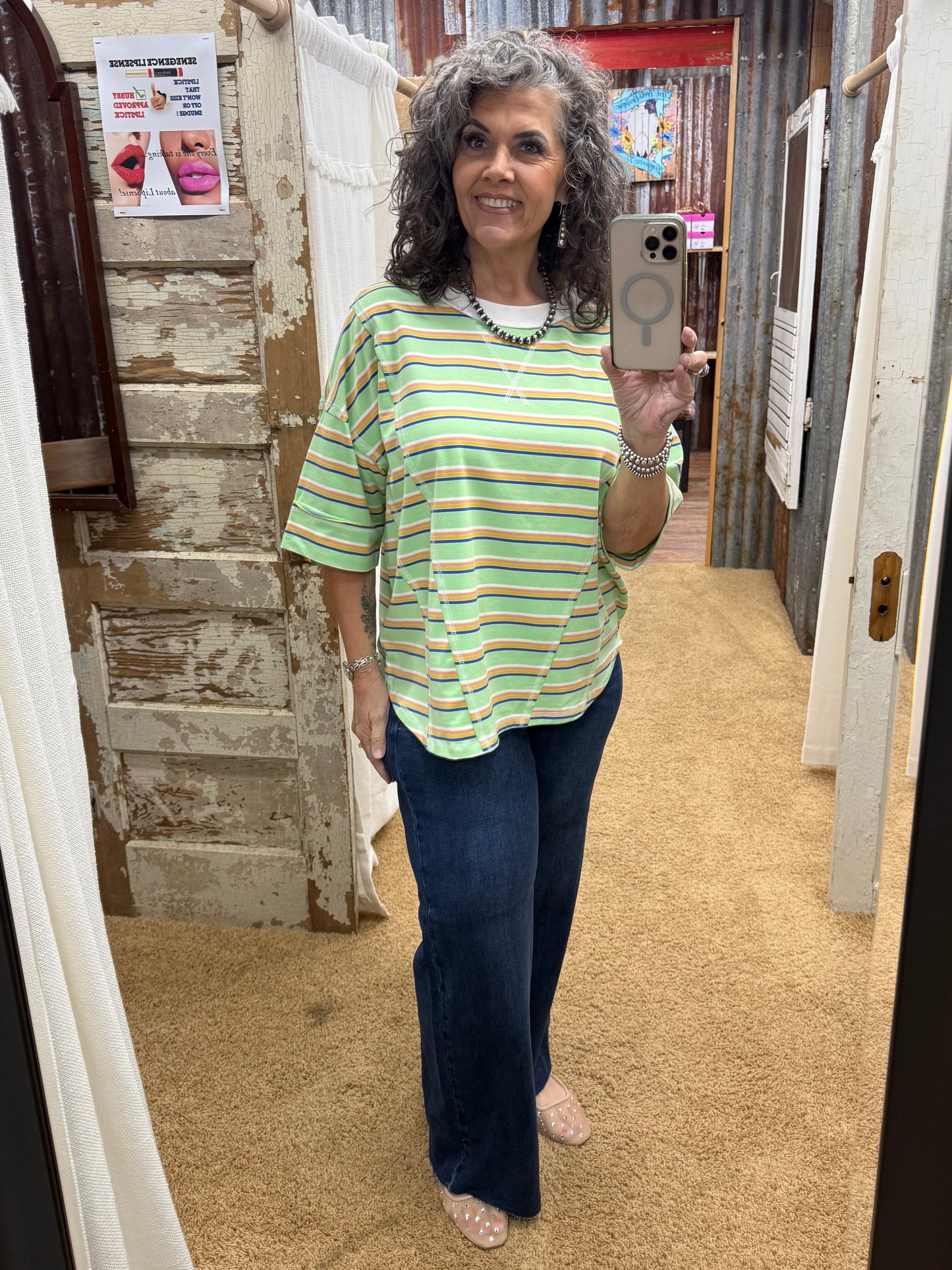 Striped Oversized Short Sleeve Knit Top: MINT COMBO