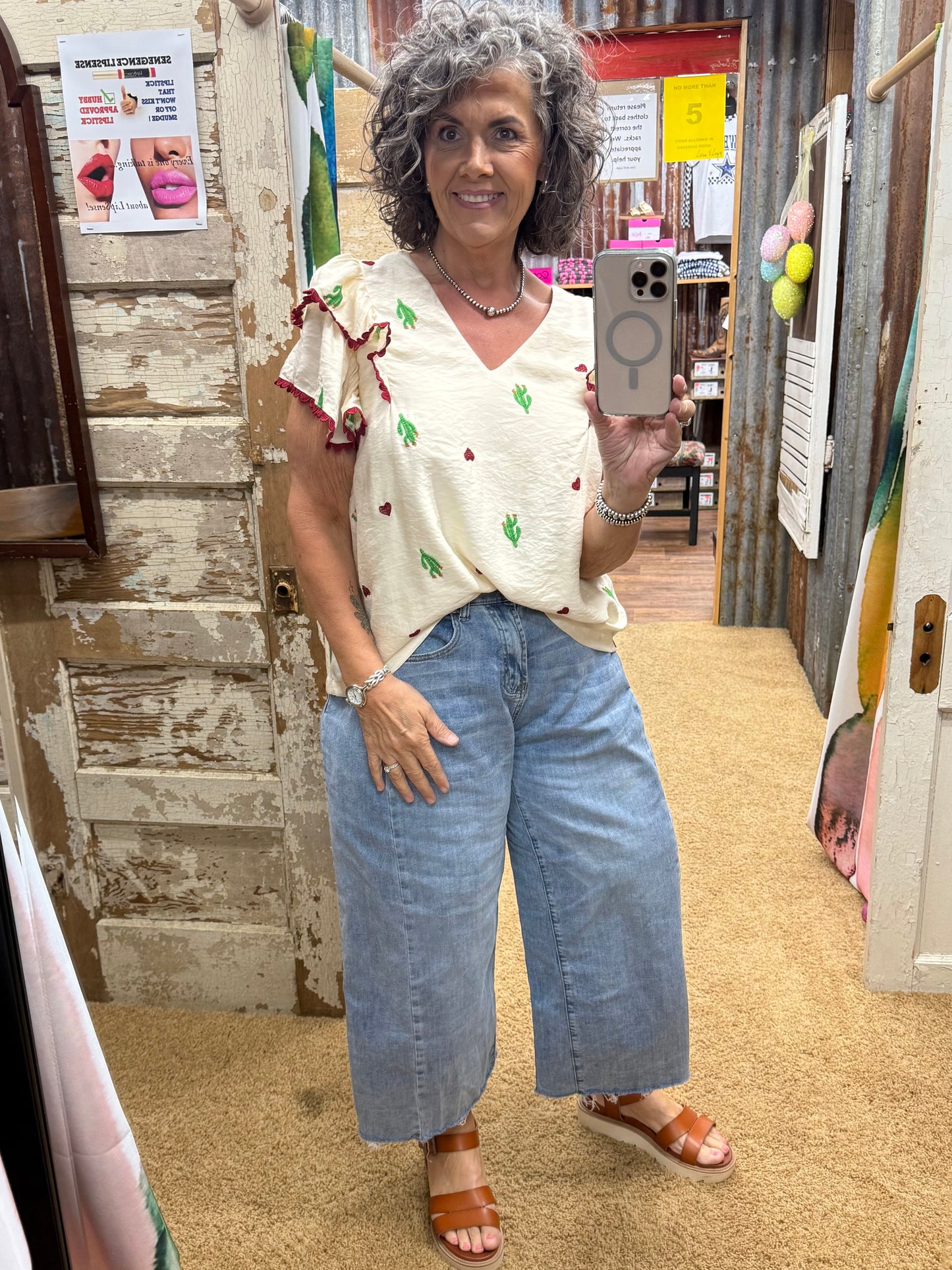 Cactus Embroidered Ruffle Sleeve Top