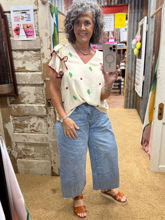 Cactus Embroidered Ruffle Sleeve Top