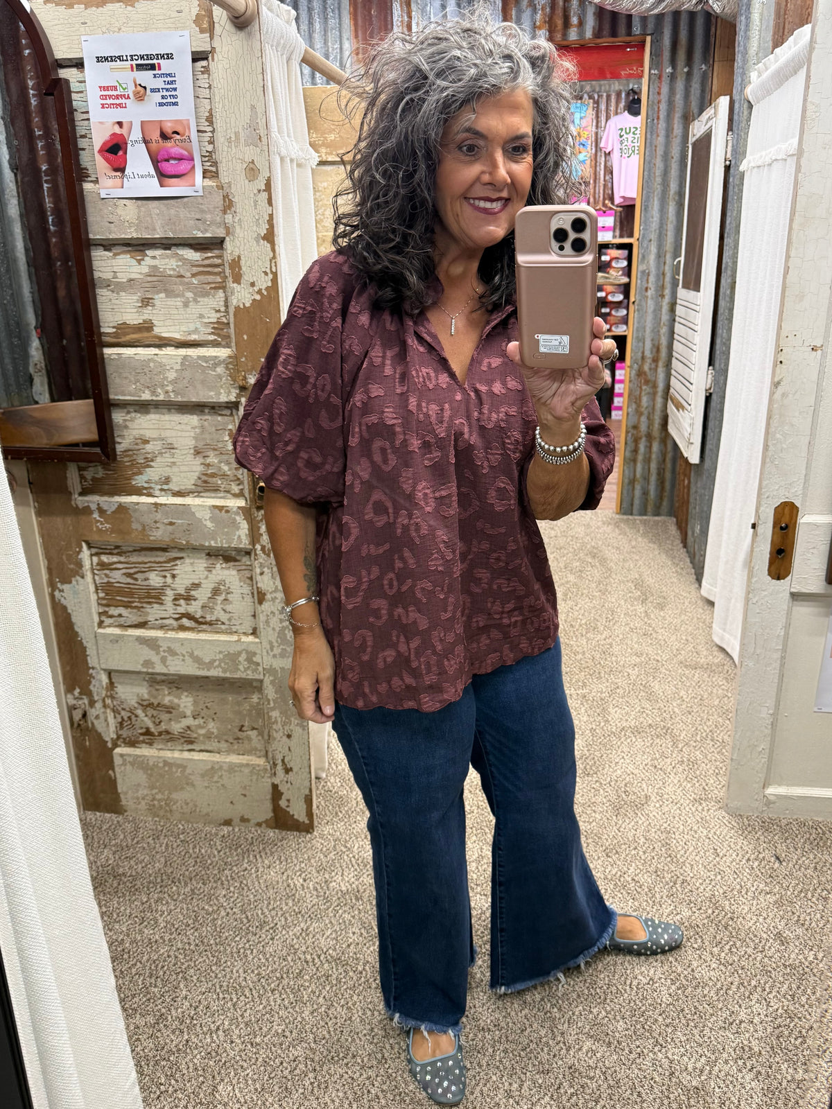 UMGEE Maroon Textured Jacquard Split Neck Puff Sleeve Top