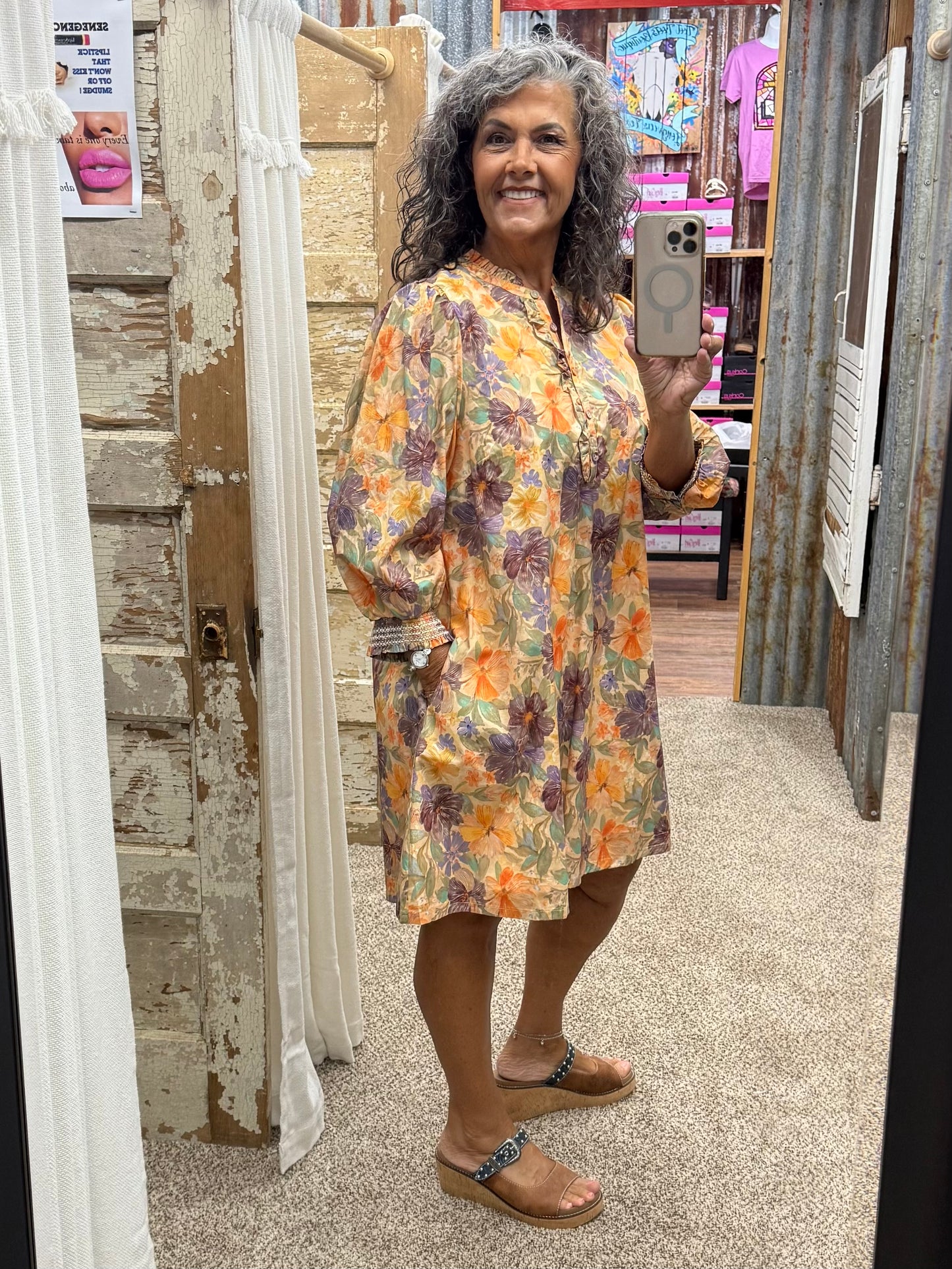 UMGEE Brown Mix Floral Print Smocked Cuff Mini Dress