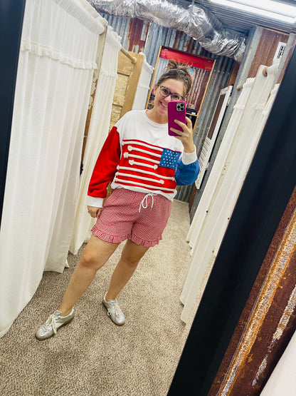 Red Checkered Woven Ruffle Hem Shorts