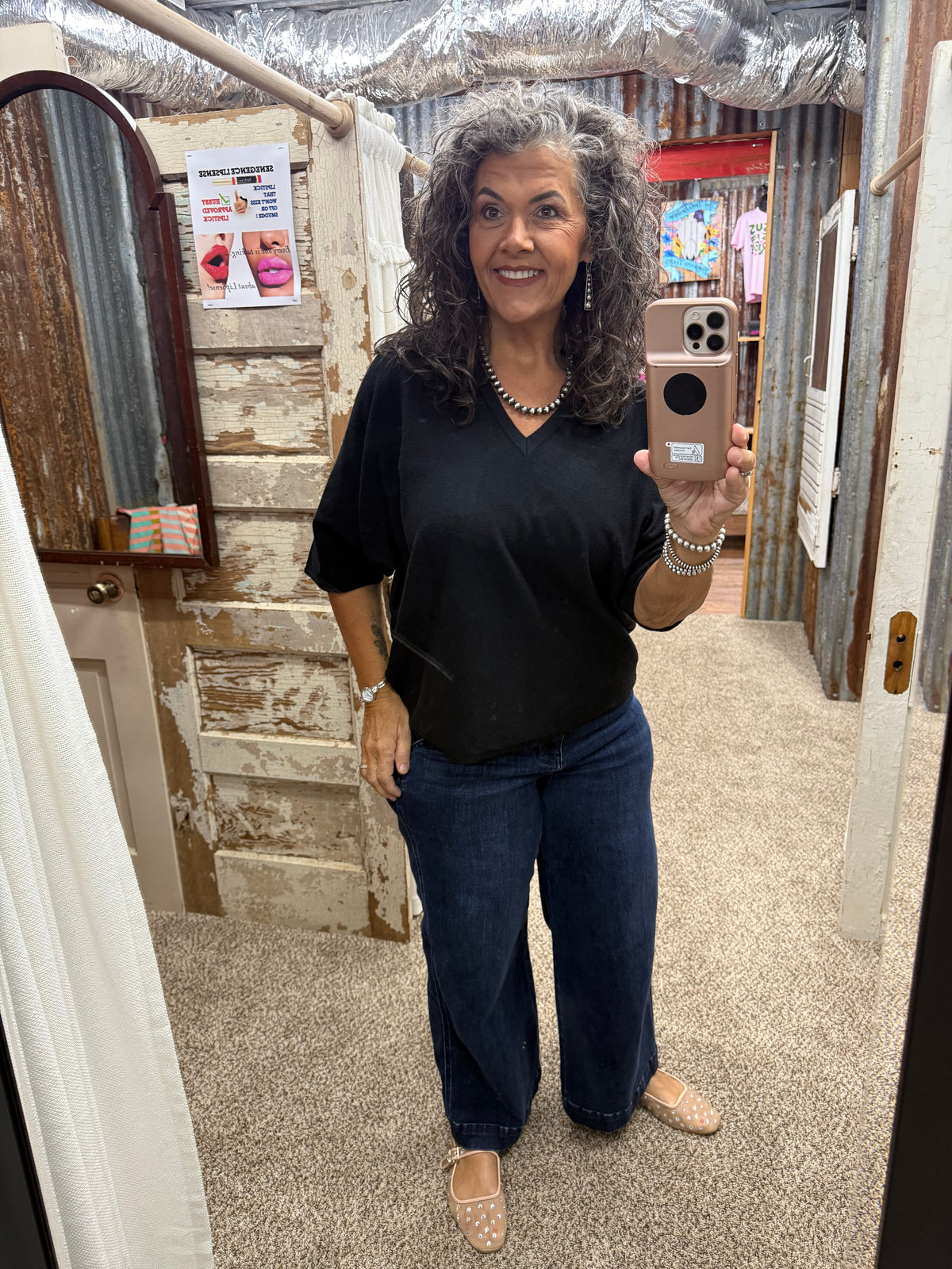 Jodifl Black Drop shoulder v neck lightweight comfy sweater top.
