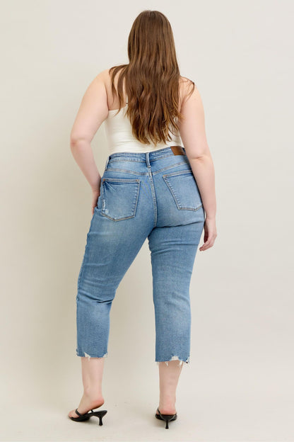 Judy Blue Mid Rise Vintage Wash Destroy Hem Kick Flare Jeans 88979