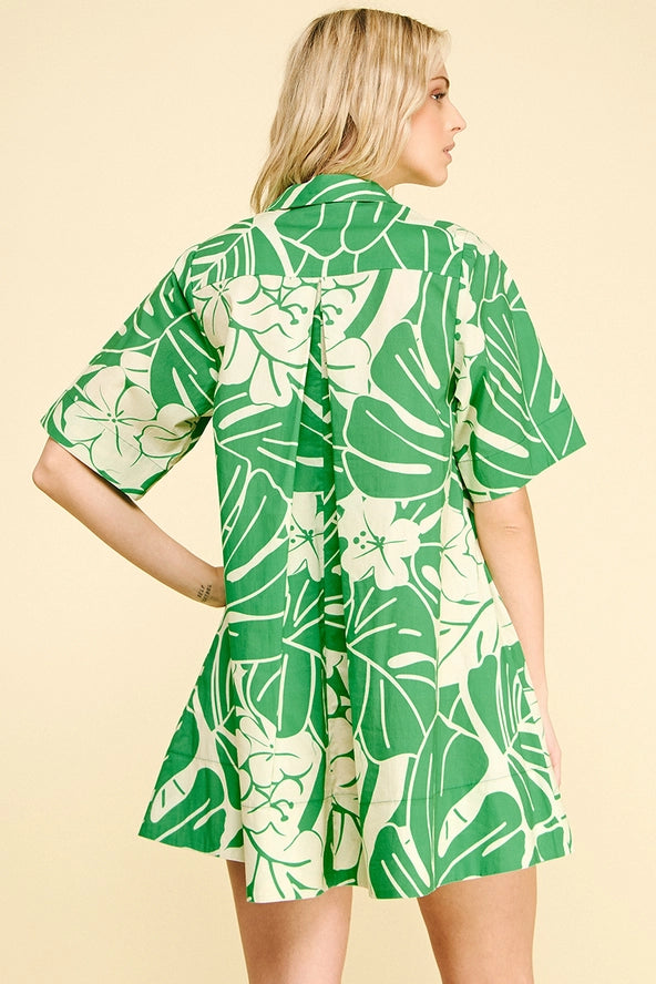 Green Floral Print Button Down Mini Dress