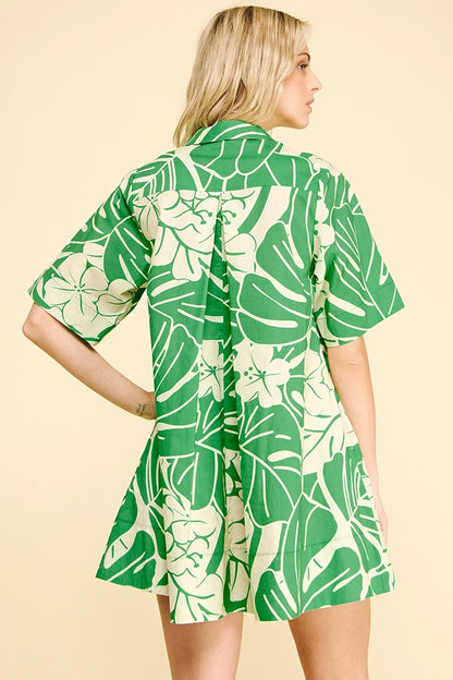 Green Floral Print Button Down Mini Dress