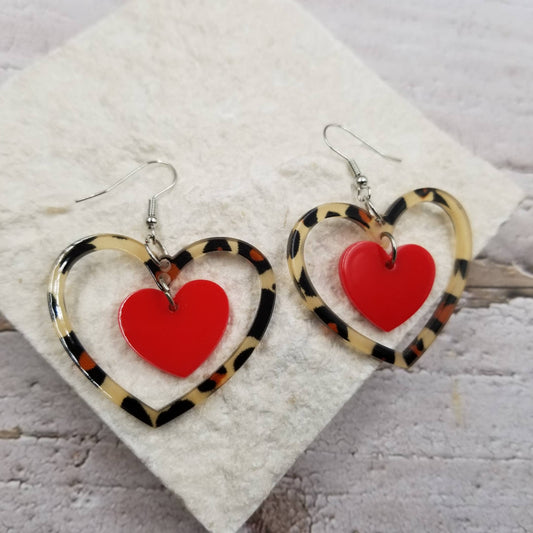 Leopard Red Heart Acrylic Earrings