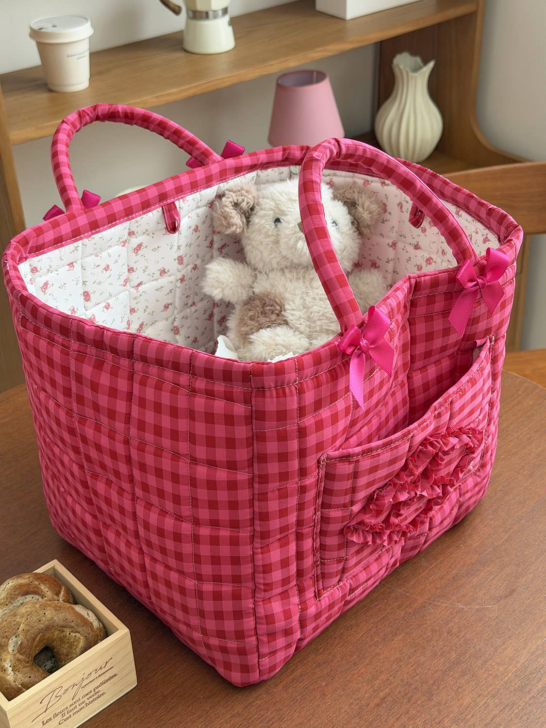 Rose Red Gingham Laundry Basket Foldable Quilted Storage Basket