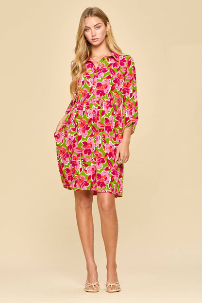 Floral Print Collared Shirt Dress w/ Pockets: LIME PINK