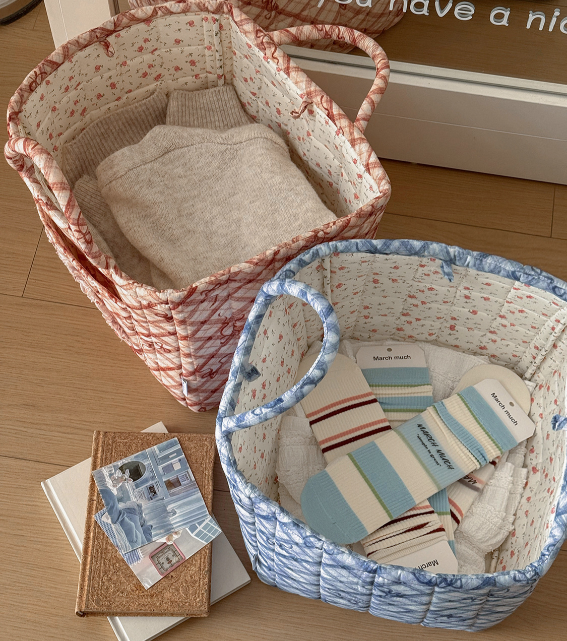 Red Quilted Storage Basket Boho Organizer Tote