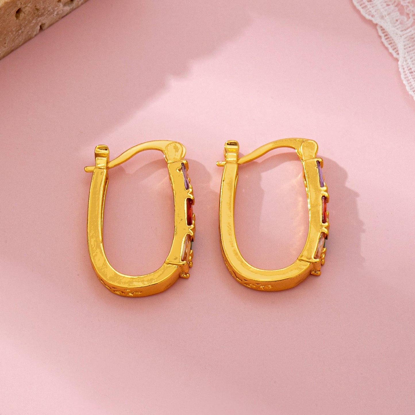 Rainbow Gemstone Bar Hoop Earrings | 80E61912: Gold