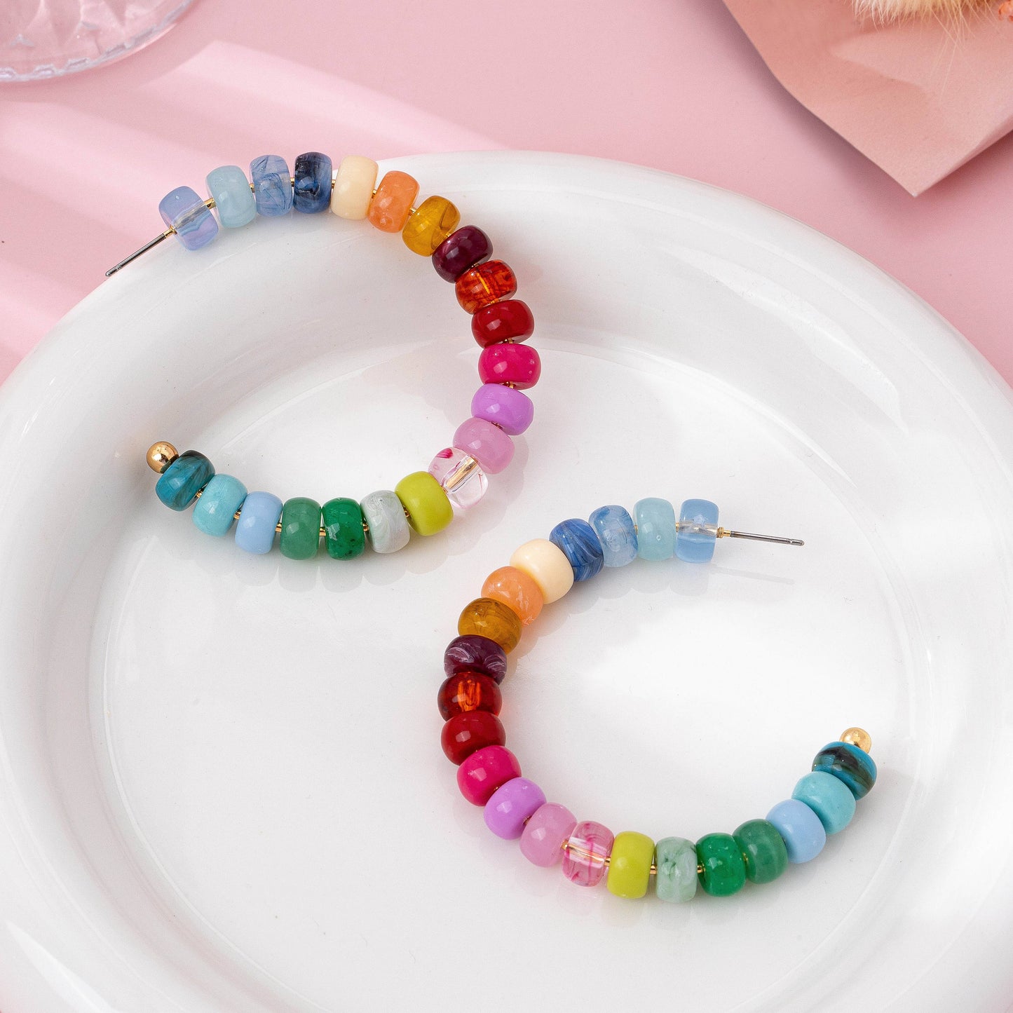 Multi-Color Beaded Hoop Earrings | 80E62019: Gold