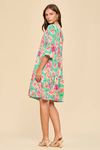 Floral Print Shirred Tiered 3/4 Sleeve Dress: MINT