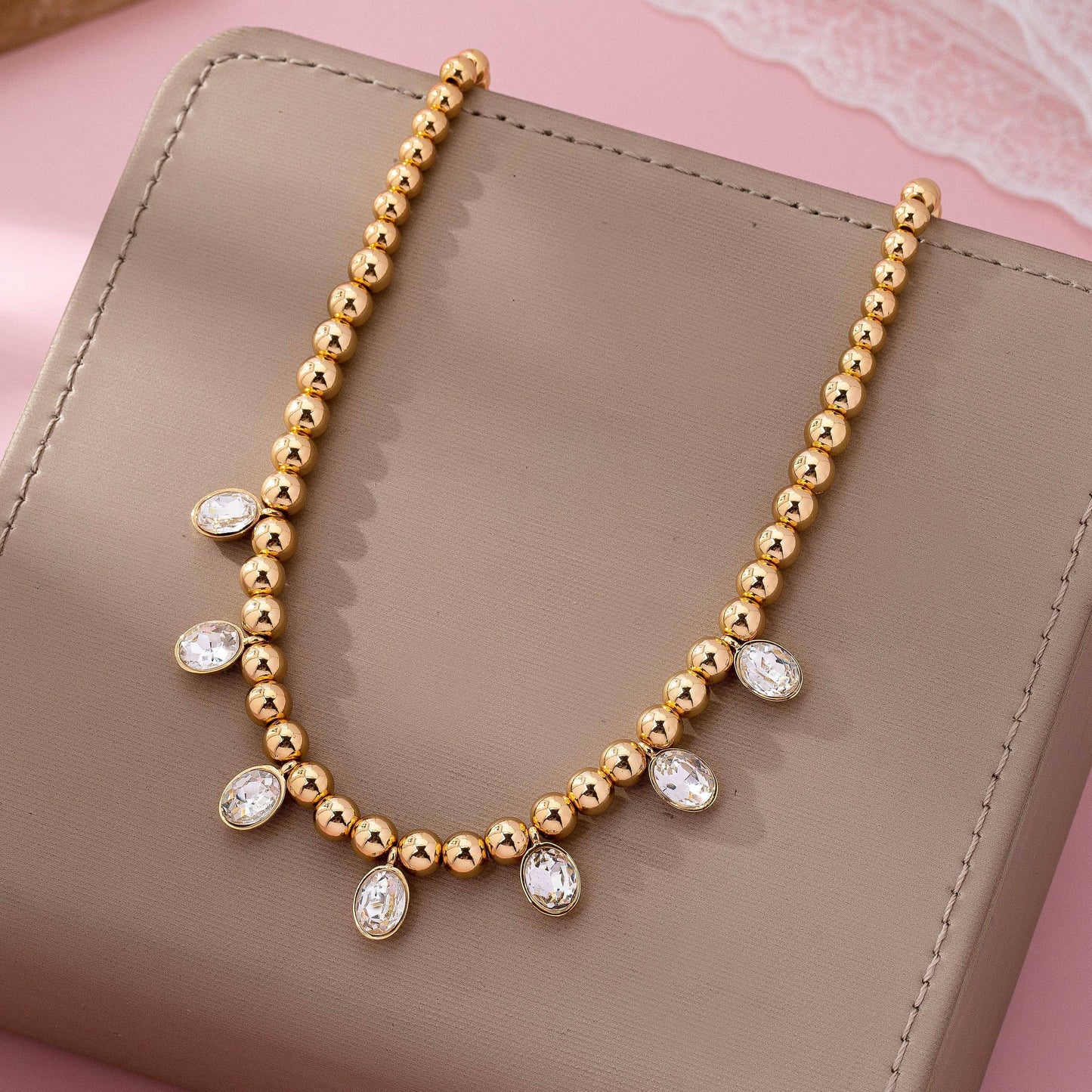 Oval Stone Beaded Ball Chain necklace | 80N92776: GOLD