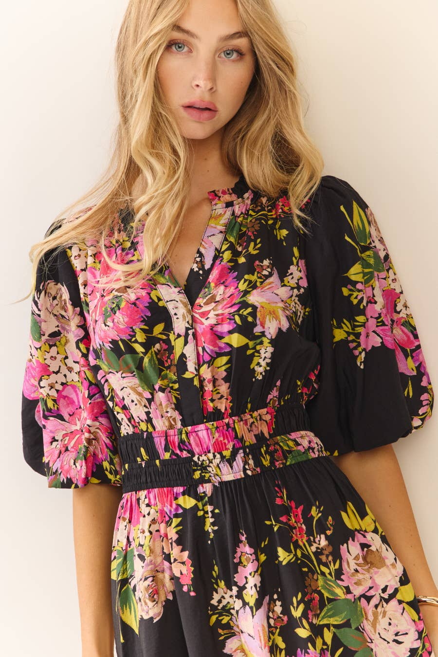 Black Floral Print Midi Dress