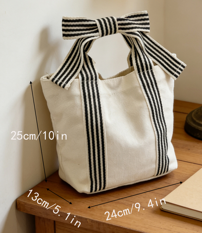 Beige Mini Striped Tote Bag Beach Bow Handle Bag