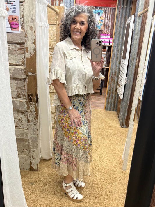 Boho Patchwork Tiered Drawstring Maxi Skirt