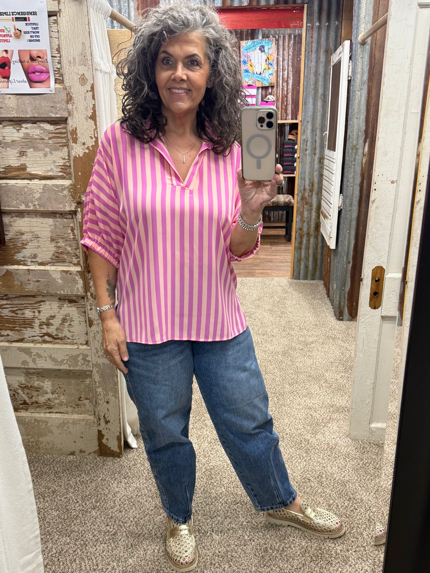 SLOAN STRIPED PINK SANGRIA BLOUSE