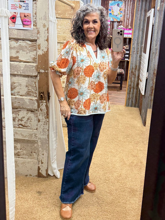 UMGEE Mint Floral Print Puff Sleeve Top