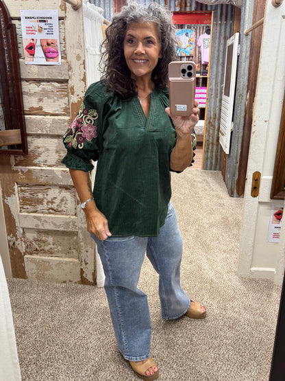 UMGEE Grass Embroidered Sleeve Corduroy Blouse