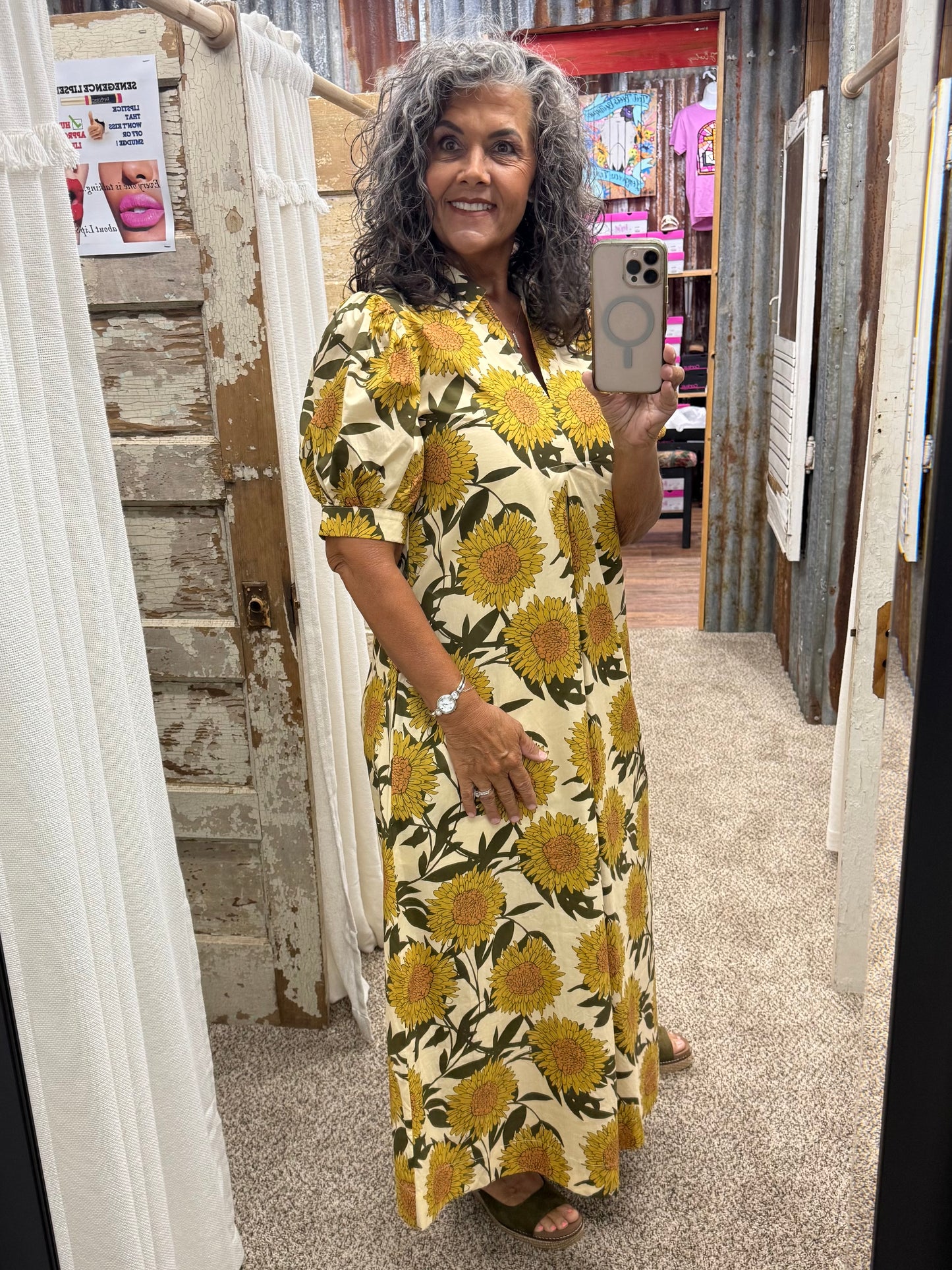 Golden Sunflower Puff Sleeve Midi Dress