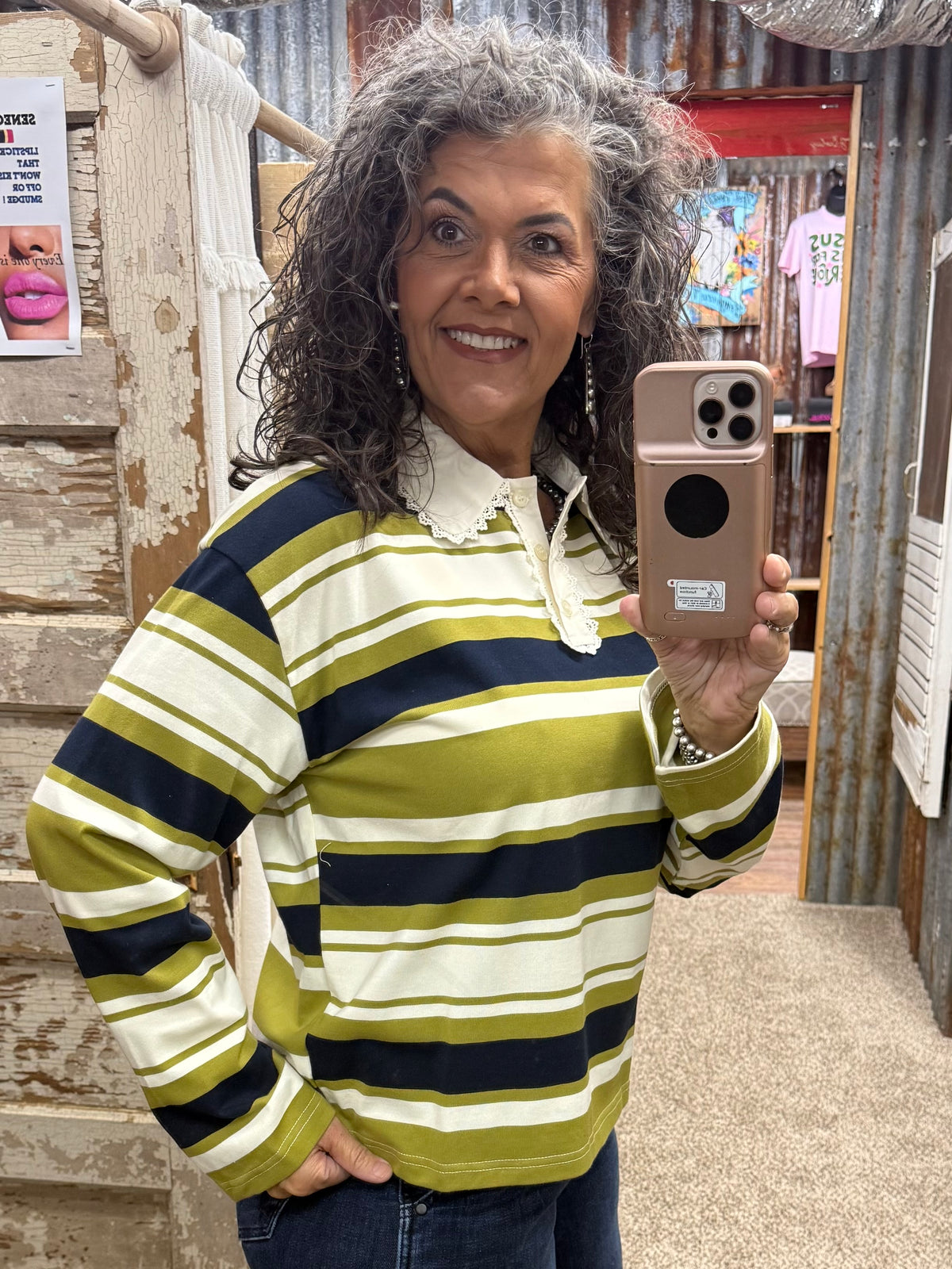 AnnieWear Striped Rugby Top with Contrast Lace Collar - Olive