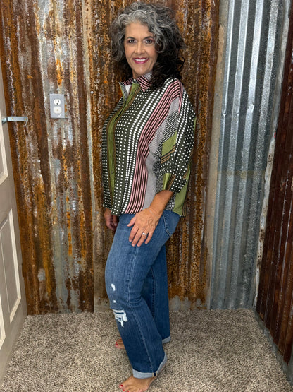 Entro Olive Stripe & Polka Dot Top