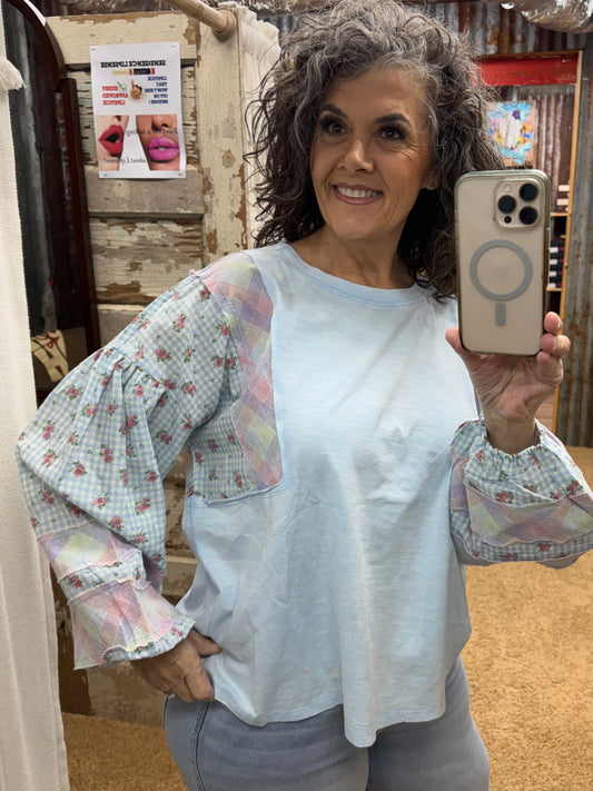 BLUE PRINT WASHED COTTON SLUB TOP