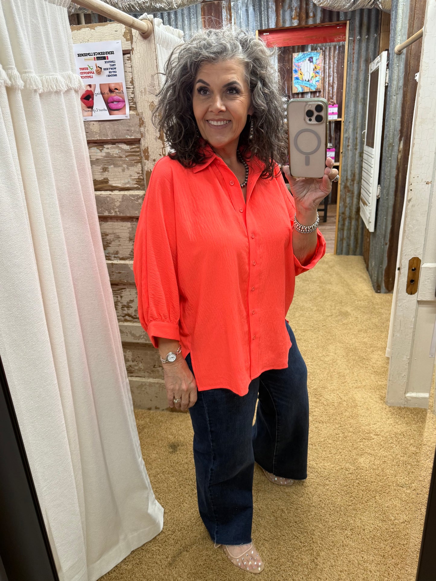 Sloane Button Up Top- Neon Coral