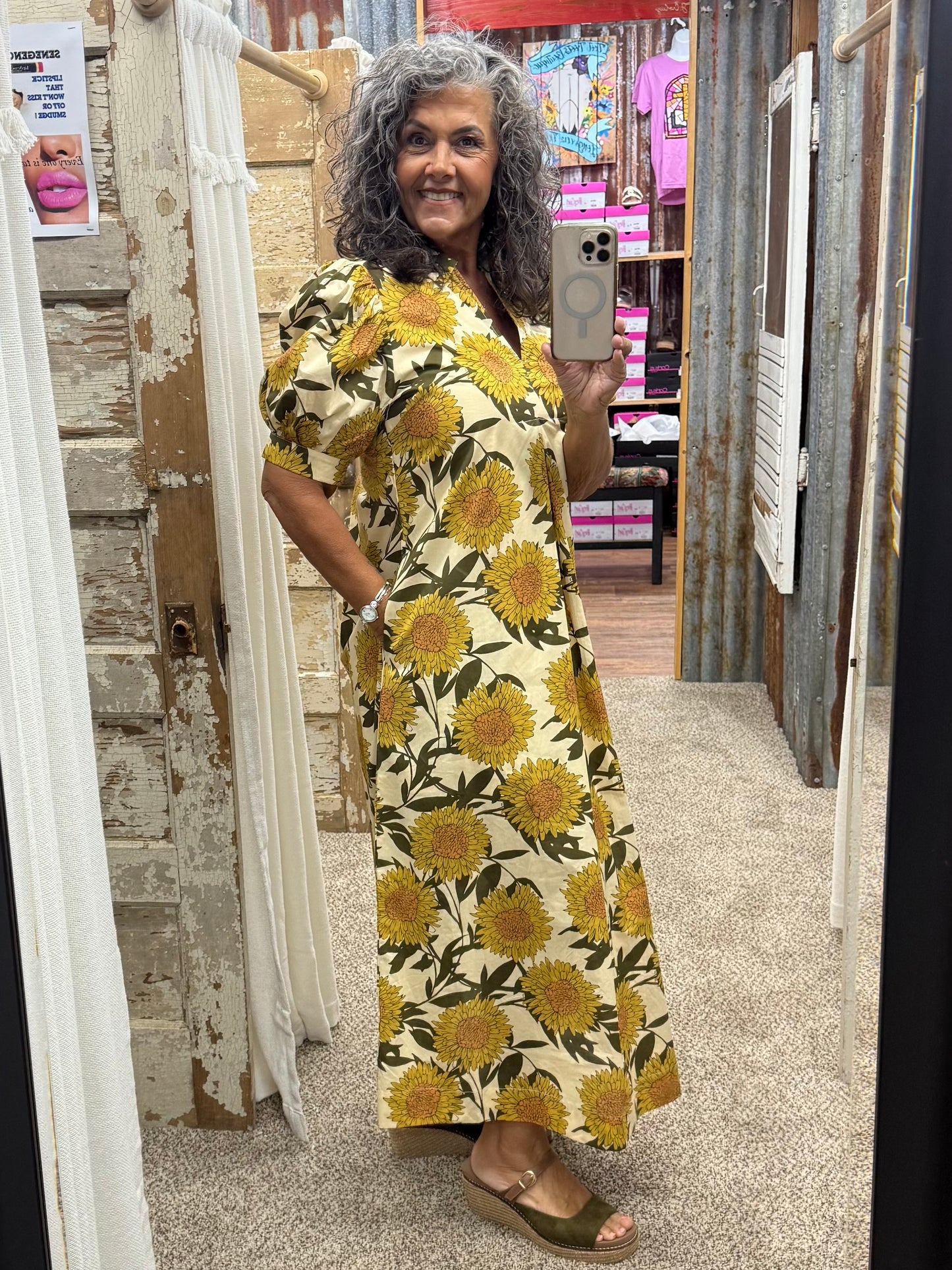 Golden Sunflower Puff Sleeve Midi Dress