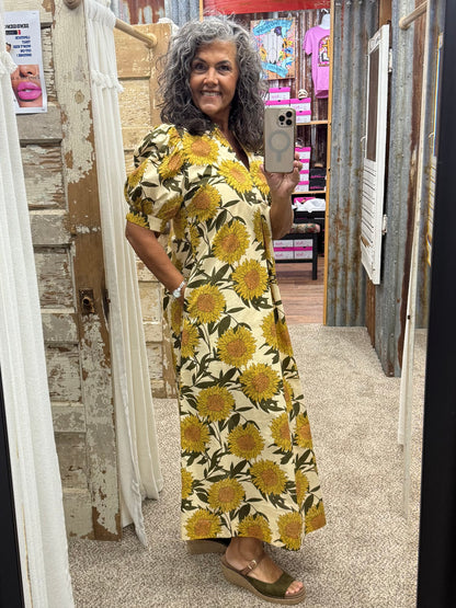 Golden Sunflower Puff Sleeve Midi Dress