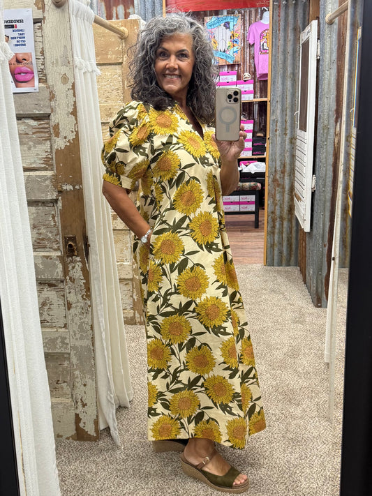 Golden Sunflower Puff Sleeve Midi Dress