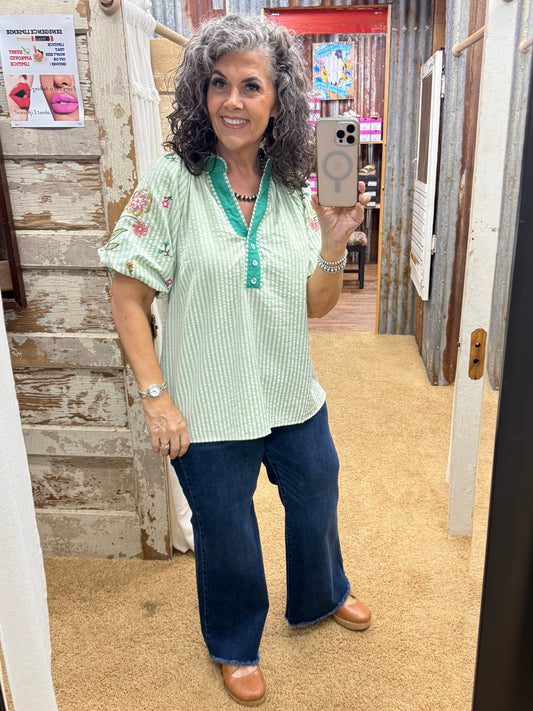 UMGEE Green Embroidered Stripe Top