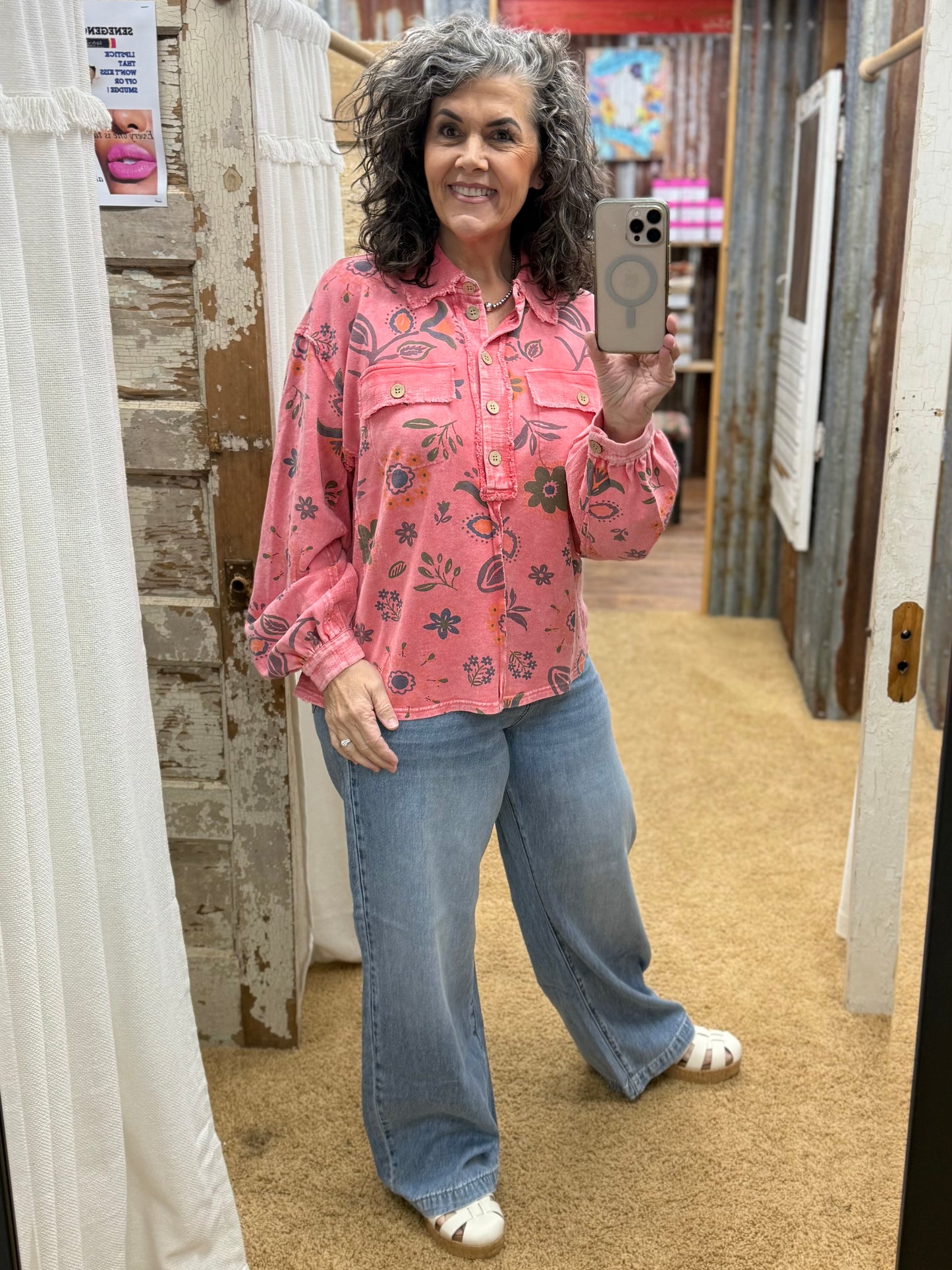 Coral Floral Printed Washed Terry Pullover Shirt
