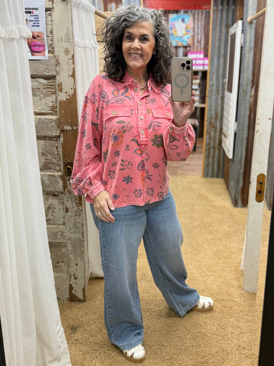 Coral Floral Printed Washed Terry Pullover Shirt