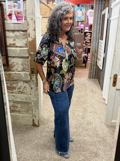 UMGEE Black Boho Paisley Puff Sleeve Blouse